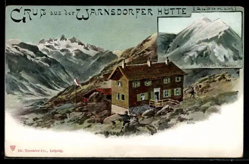 Künstler-AK Warnsdorfer Hütte mit dem Gipfel des Venediger