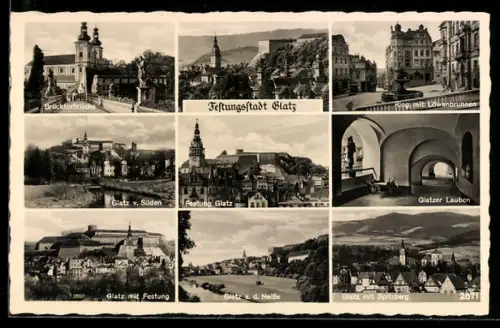 AK Glatz, Brücktorbrücke, Ring mit Löwenbrunnen, Festung, Totalansicht