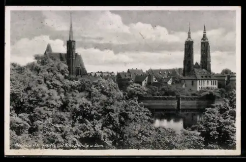 AK Breslau, Oderpartie mit Kreuzkirche und Dom