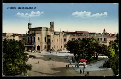 Künstler-AK Breslau, Hauptbahnhof mit Passanten auf dem Vorplatz