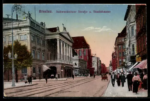 AK Breslau, Schweidnitzer Strasse und Stadttheater