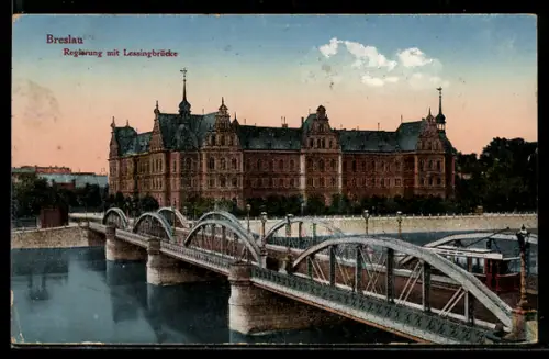 AK Breslau, Regierung mit Lessingbrücke und Strassenbahn