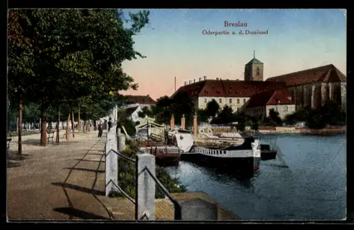 AK Breslau, Partie an der Dominsel mit Dampfer
