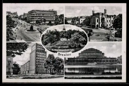 AK Breslau, Hauptbahnhof, Postscheckamt, Tauentzienplatz