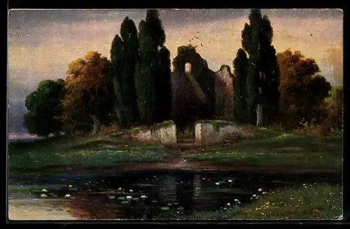 Künstler-AK Degi Nr. 1016: Klosterruine am Wasser