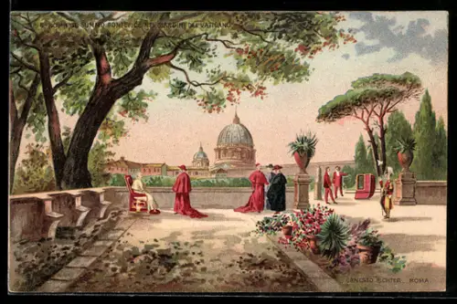 Künstler-AK Vatikanstadt, Il summo Pontefice nei Giardini del Vaticano