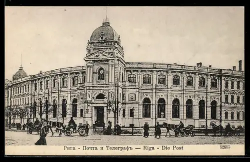 AK Riga, Postgebäude mit Pferdekutschen