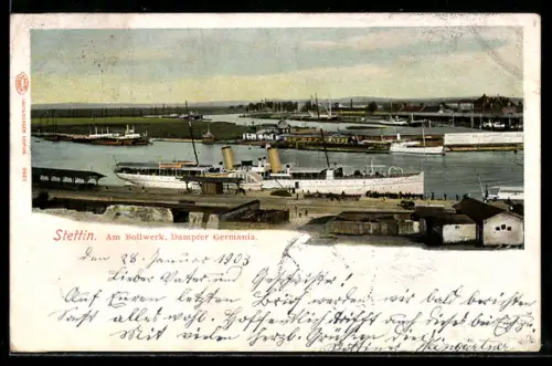 AK Stettin, Partie am Bollwerk, Dampfer Germania, um 1900