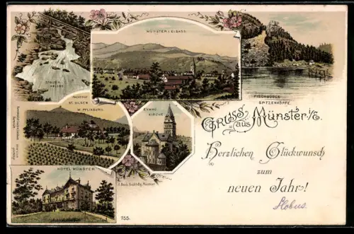 Lithographie Münster, Ortsansicht, Hotel, Evangelische Kirche, Fischbödle
