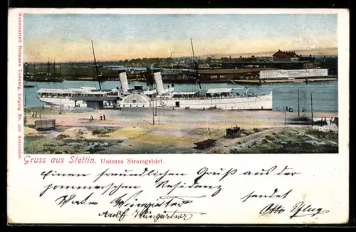AK Stettin, unteres Stromgebiet mit Dampfer