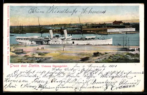 AK Stettin, unteres Stromgebiet mit Dampfer