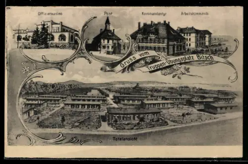 AK Bitsch, Truppenübungsplatz, Totalansicht, Offizierskasino, Post, Kommandantur