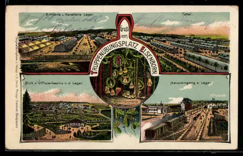 Künstler-AK Elsenborn, Truppenübungsplatz, Artillerie u. Kavallerie Lager, Blick v. Offizierkasino, Haupteingang