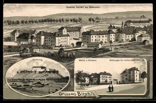Lithographie Bitsch, Kaserne Freiherr von Falkenstein, Fastung, Wache u. Büreau