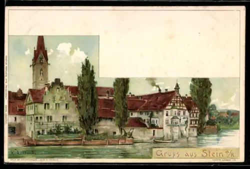 Künstler-AK Stein am Rhein, Panorama mit Rhein