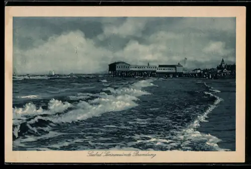 AK Swinemünde, Blick auf die Brandung am Strand