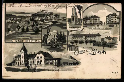 Lithographie Bitsch, Kaserne Freiherr v. Falkenstein, Bahnhof, Preussen-Stein, Bayern-Denkmal, Kaserne I., Festung