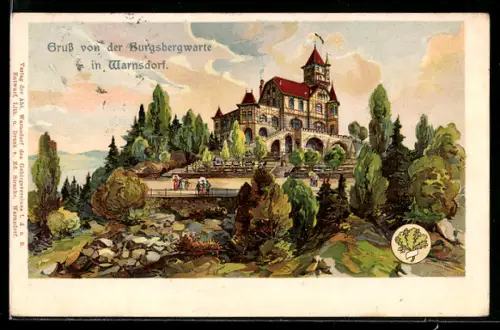 Lithographie Warnsdorf / Varnsdorf, Burgsbergwarte mit Besuchern
