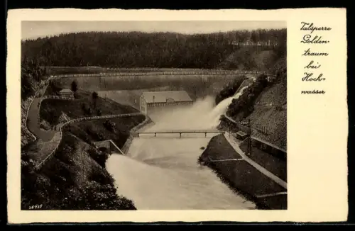 AK Goldentraum /Queistal, Talsperre Goldentraum bei Hochwasser, Vogelschau