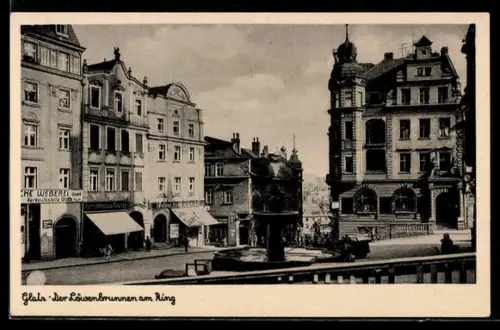 AK Glatz, Der Löwenbrunnen am Ring mit Schuhhaus Tautz