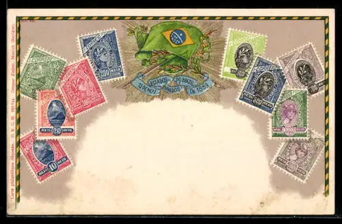 AK Brasilien, Briefmarken und Landes-Wappen