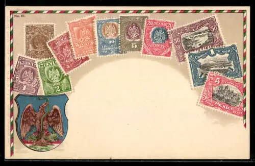 AK Briefmarken aus Mexico mit Wappen