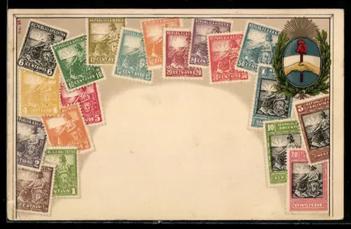 AK argentinische Briefmarken, Kranz mit Handschlagsbild darin, rote Zipfelmütze