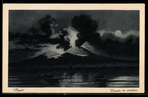 AK Napoli / Neapel, Vesuvio in eruzione, Vulkan und Fischerboote