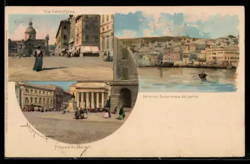 Lithographie Genova, Panorama del porto, Via Carlo Felice