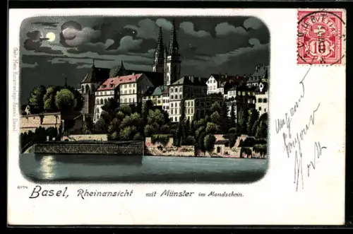 Lithographie Basel, Basel, Rheinansicht mit Münster
