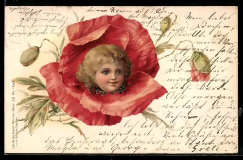 Lithographie Kinderkopf auf einer Mohnblüte