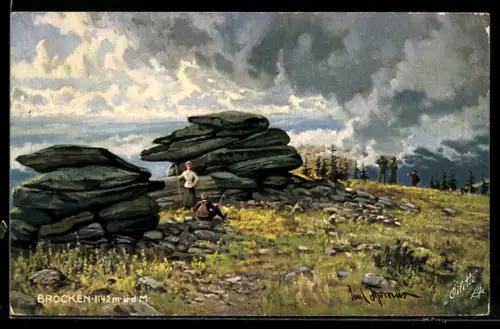 Künstler-AK Brocken, Wanderer machen Rast