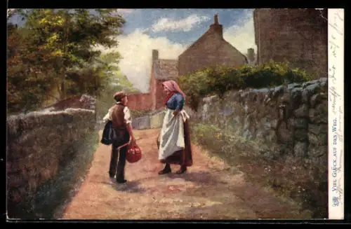 Künstler-AK Raphael Tuck & Sons Nr.133: Wanderer begegnet auf der Dorfstrasse einer Frau