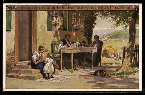 Künstler-AK P. Hey, Volksliederkarte Nr.51: Was frag ich viel nach Geld und Gut, Familie sitzt im Garten