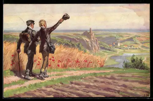 Künstler-AK P. Hey: Wanderer mit Rucksack und Wanderstock, Verein für das Deutschtum im Ausland