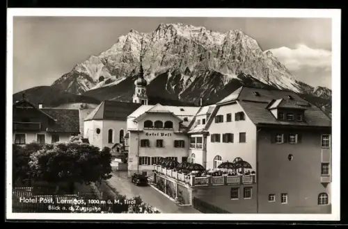 AK Lermoos, Blick zum Hotel Post mit Zugspitze, Terrasse