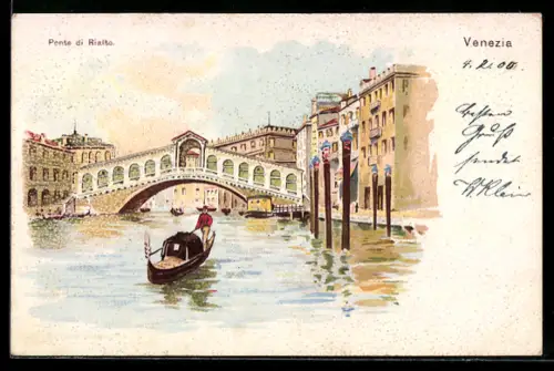 Lithographie Venezia, Ponte di Rialto, Gondel um 1900