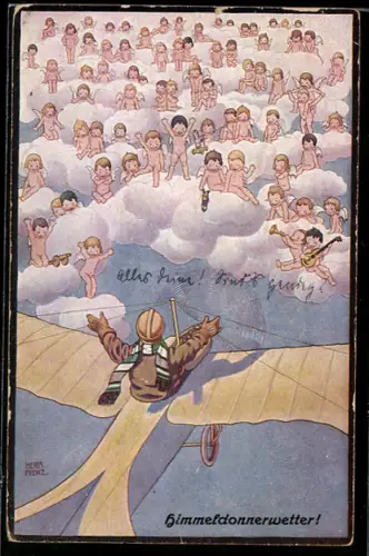 Künstler-AK sign. Hermann Frenz: Pilot im Flugzeug sieht Engel auf den Wolken, Himmeldonnerwetter!