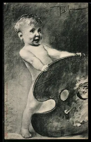 Künstler-AK sign. Piglhein: Eine Modellpause, Kind mit Palettenbrett