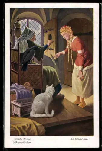 Künstler-AK Otto Kubel: Dornröschen mit alter Hexe und Katze