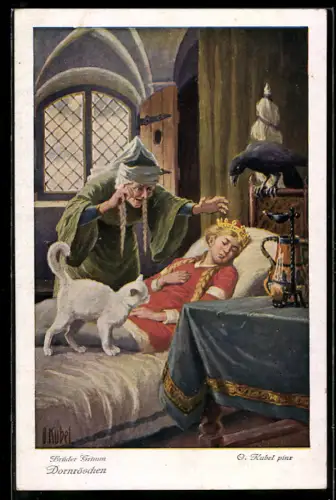 Künstler-AK Otto Kubel: Brüder Grimm, Die Prinzessin wollte auch spinnen..., Dornröschen