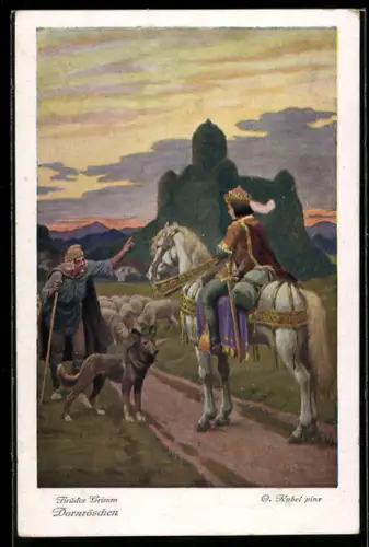 Künstler-AK Otto Kubel: Brüder Grimm, Dornröschen, 4. Rings um das Schloss wuchs eine hohe Dornenhecke...