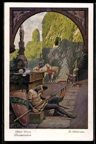 Künstler-AK Otto Kubel: Dornröschen 5: Als der Königsohn sich der Hecke näherte