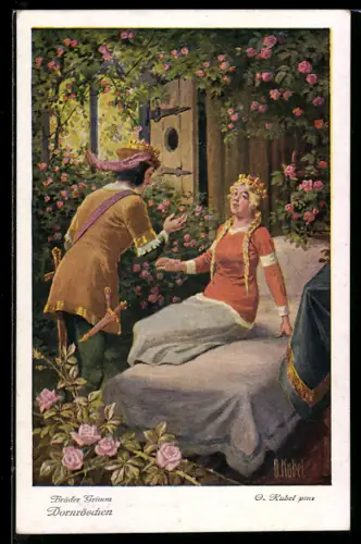 Künstler-AK Otto Kubel: Der Prinz erlöst Dornröschen durch einen Kuss vom Zauber