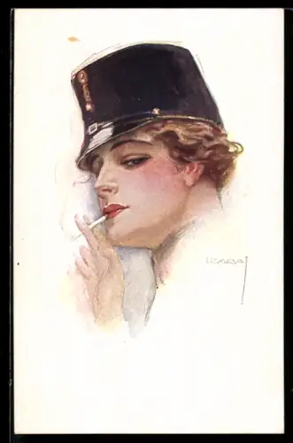 Künstler-AK Luis Usabal: schöne Frau mit Tschako zündet sich eine Zigarette an