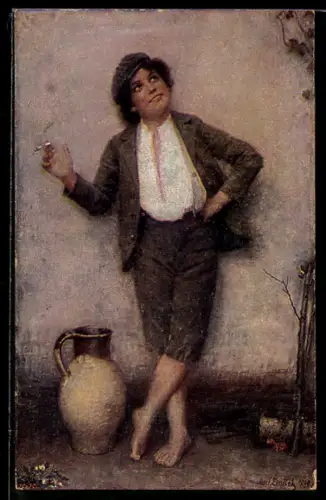 AK Rauchender Strassenjunge geniesst seine Zigarette