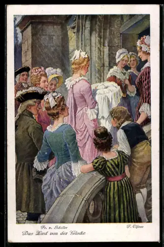 Künstler-AK F. Elssner: Friedrich Schiller, Das Lied von der Glocke, Frau trägt das Kind auf dem Kissen