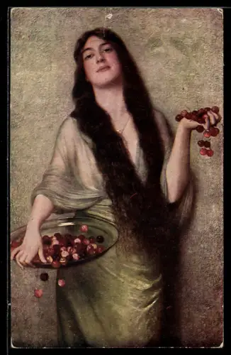 Künstler-AK sign. Max Nonnenbruch: Dame mit Schüssel voller Kirschen