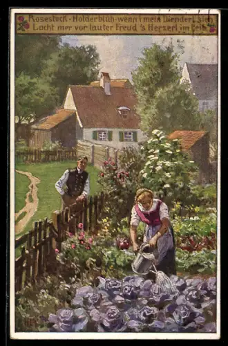 Künstler-AK P. Hey, Volksliederkarte Nr. 41: Rosestock, Holderblüh - Mann am Gartenzaun und Frau beim Blumengiessen