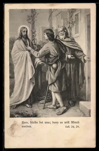 AK Herr, bleibe bei uns, denn es will Abend werden, Moses lädt Jesus ins Haus ein, religiöser Sinnspruch
